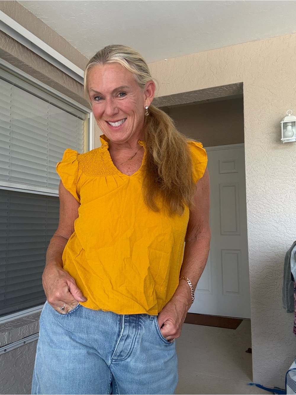 Ann Taylor Petite Golden Yellow Smocked Top